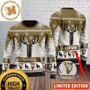 Guinness Beer Reindeer With Snowflakes And Pine Tree Knitting Pattern Personalized Christmas Ugly Sweater 2023