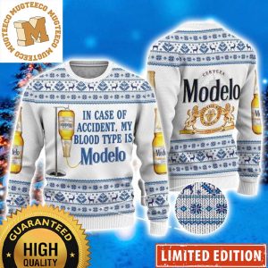 In Case Of Accident My Blood Type Is Modelo Cerveza White Funny Ugly Sweater 2023