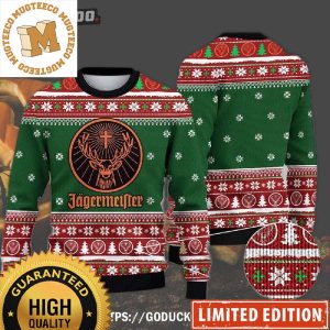 Jagermeister Big Deer And The Cross Big Logo With Snowflakes And Pine Tree In Red And Green Christmas Colorway Holiday Ugly Sweater