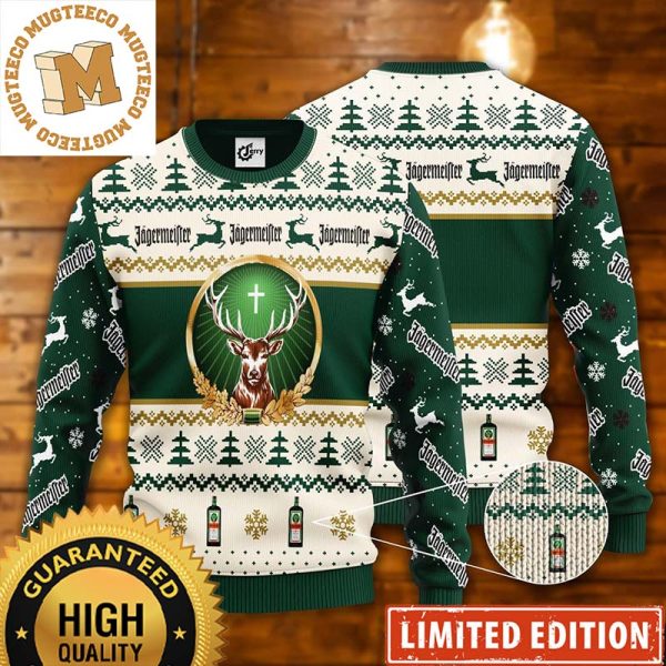 Jagermeister Big Deer Logo Golden Knitting Christmas Pattern For Jagermeister Lover Holiday Ugly Sweater