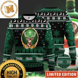 Jagermeister Big Deer Logo With Snowflakes And Pine Tree Knitting Pattern Black And Green Holiday Ugly Sweater