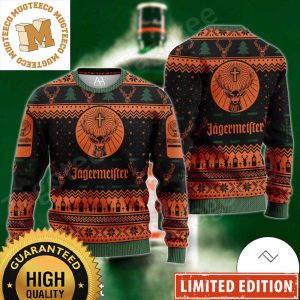 Jagermeister Big Logo Knitting Snowflakes And Pine Tree In Orange And Black Christmas Ugly Sweater