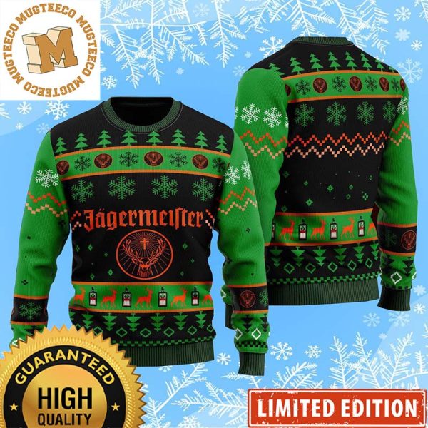 Jagermeister Orange Logo With Deer And Snowflakes Pine Tree Pattern Unique Ugly Sweater 2023