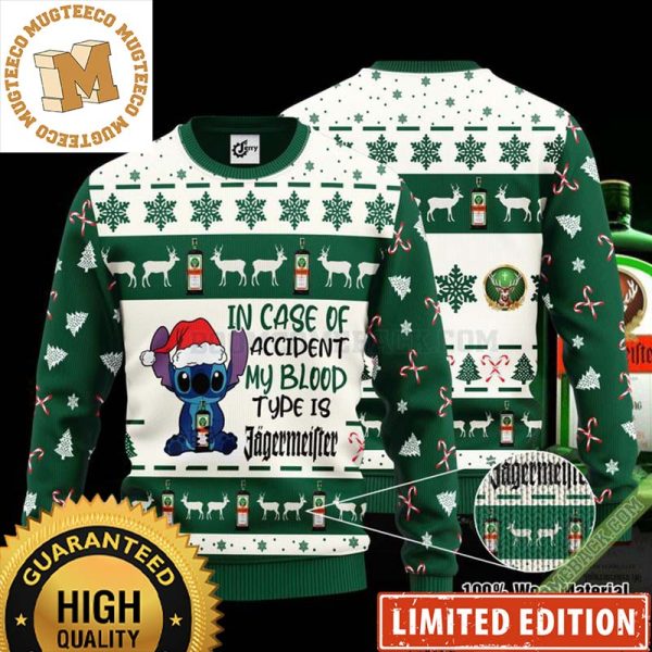 Jagermeister Stitch In Case Of Accident My Blood Type Is Jagermeister Cute Funny Ugly Sweater 2023
