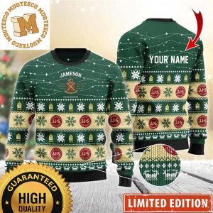 Jameson Irish Whiskey Personalized Christmas Twinkle Lights Snowflakes Knitting Green Christmas Ugly Sweater
