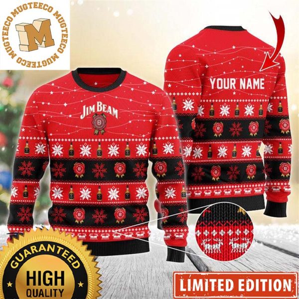 Jim Beam Personalized Christmas Twinkle Lights Snowflakes Knitting Red Holiday Ugly Sweater