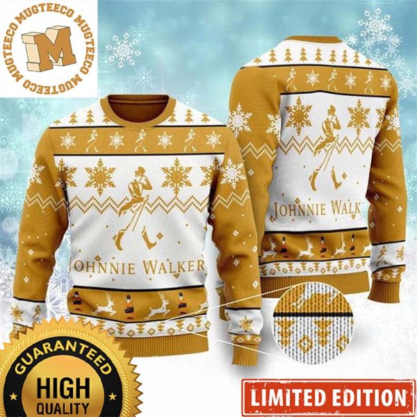 Johnnie Walker Logo With Snowflakes And Chevron Reindeer Knitting Yellow Christmas Ugly Sweater