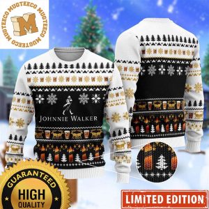 Johnnie Walker Whiskey Logo Christmas Scenes Snowflakes Knitting Pattern White And Black Holiday Ugly Sweater