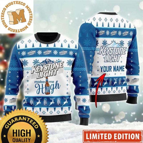 Keystone Light Makes Me High Snowflakes Reindeer Personalized  Knitting Funny Christmas Ugly Sweater