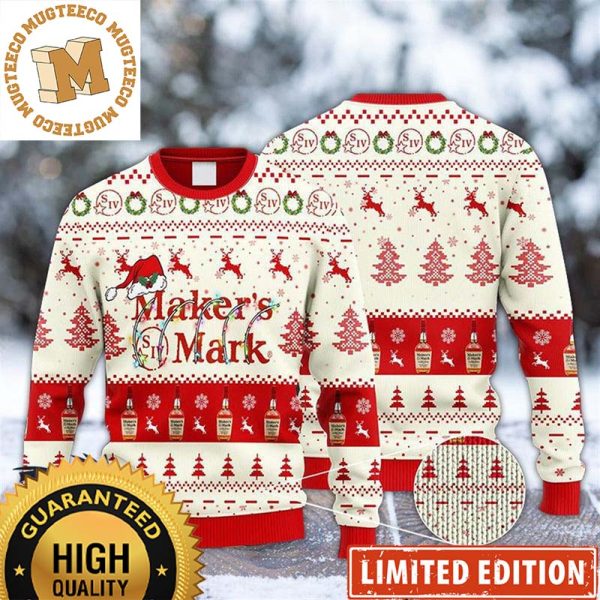 Maker’s Mark Whiskey Christmas Lights Santa Hat Reindeer Snowy Night White And Red Holiday Ugly Sweater