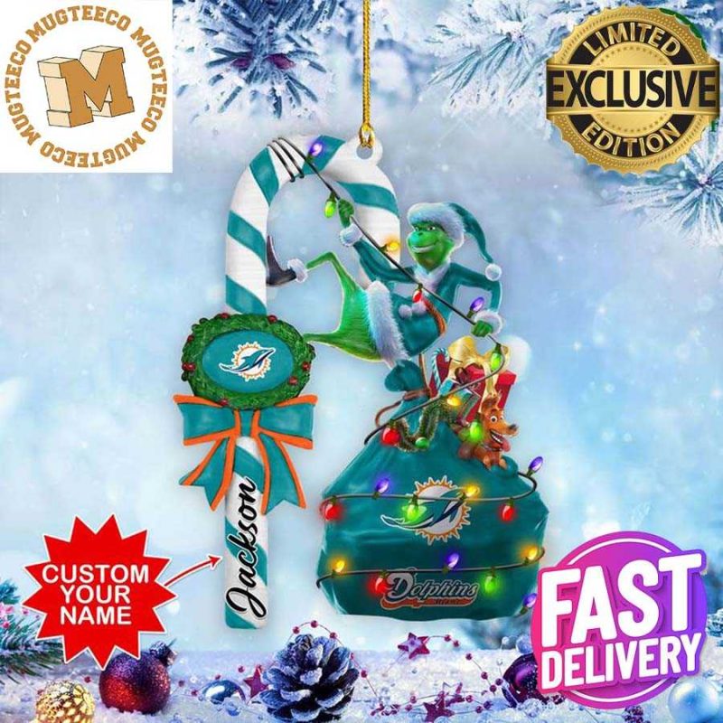 Miami Dolphins NFL Grinch Candy Cane Personalized Xmas Gifts Christmas Tree  Decorations Ornament - Mugteeco