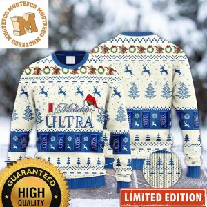 Michelob Ultra Beer Christmas Lights And Santa Hat Reindeer Snowy Night Knitting Whie And Blue Ugly Sweater