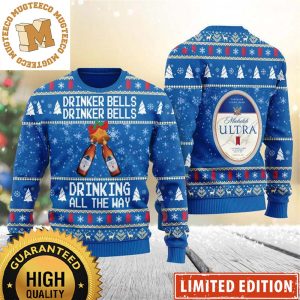 Michelob Ultra Beer Drinker Bells Drinking All The Way Cheering Snowy Blue Christmas Ugly Sweater