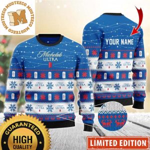 Michelob Ultra Personalized Christmas Twinkle Lights Snowflakes Knitting Blue And White Holiday Ugly Sweater