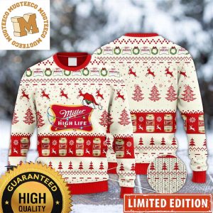 Miller High Life Big Logo Christmas Lights And Santa Hat Reindeer Snowy Night Knitting Holiday Ugly Sweater