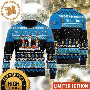 Miller Lite Beer Bottles In Santa Reindeer And Snow Man Costume Snowflake Knitting Black And Blue Christmas Ugly Sweater