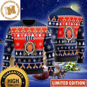 Miller Lite Beer Christmas Cheers Bottle Pattern Red And Navy Holiday Ugly Sweater