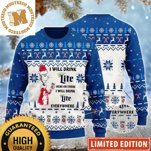 Miller Lite Dr Seuss I Will Drink Miller Lite Here Or There Everwhere Christmas Ugly Sweater