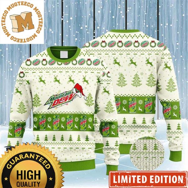 Mountain Dew Big Logo Christmas Lights With Santa Hat Reindeer Snowy Night Green Holiday Ugly Sweater