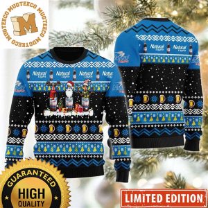 Natural Light Bottles In Santa Reindeer And Snow Man Costumes Snowflake Night Black And Blue Christmas  Ugly Sweater