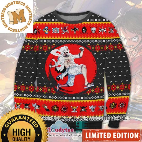 One Piece Luffy Gear 5 Nika All Pirates Logo Pattern Knitting Ugly Christmas Sweater 2023