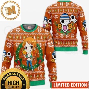 One Piece Nami Christmas Wreath Knitted Orange Ugly Christmas Sweater Anime
