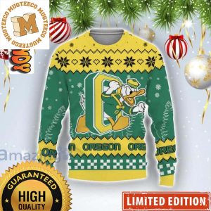 Oregon Logo With Donald Ducks Football Knitted Signature Green And Yellow Christmas Ugly Sweater