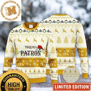 Patron Tequila Christmas Lights With Santa Hat Reindeer Snowy Night Knitting Holiday Ugly Sweater