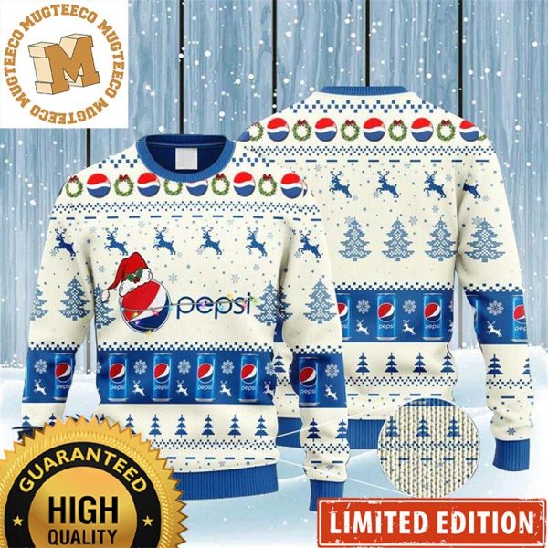 Pepsi Big Logo With Santa Hat And Christmas Lights Reindeer Snowy Night Knitting Holiday Ugly Sweater