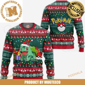 Pokemon Bulbasaur In Santa Costume With Presents Christmas Lights Knitting Red And Green Ugly Christmas Sweater