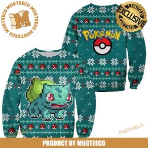 Pokemon Bulbasaur Pixel Video Game Style Knitting Snowflakes Pokeball Blue Christmas Ugly Sweater