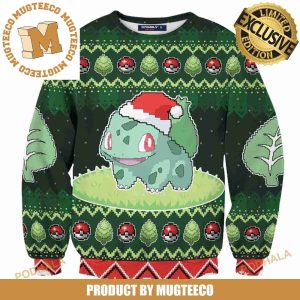 Pokemon Bulbasaur Santa With Pokeball And Leaves Knitting Pattern Green Christmas Ugly Sweater