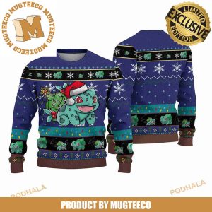 Pokemon Bulbasaur With Santa Hat Knitting Snowflakes Merry Christmas Ugly Sweater