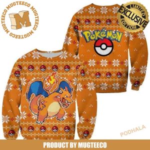 Pokemon Charizard Pixel Video Game Style Knitting Pokeball And Flame Orange Ugly Christmas Sweater