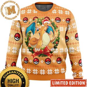 Pokemon Charizard Santa Christmas Wreath Wih Pokeball Snowflakes Knitted Ugly Christmas Sweater