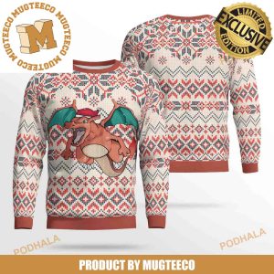 Pokemon Charizard With Santa Hat Flying Knitting Chevron Pattern Ugly Christmas Sweater