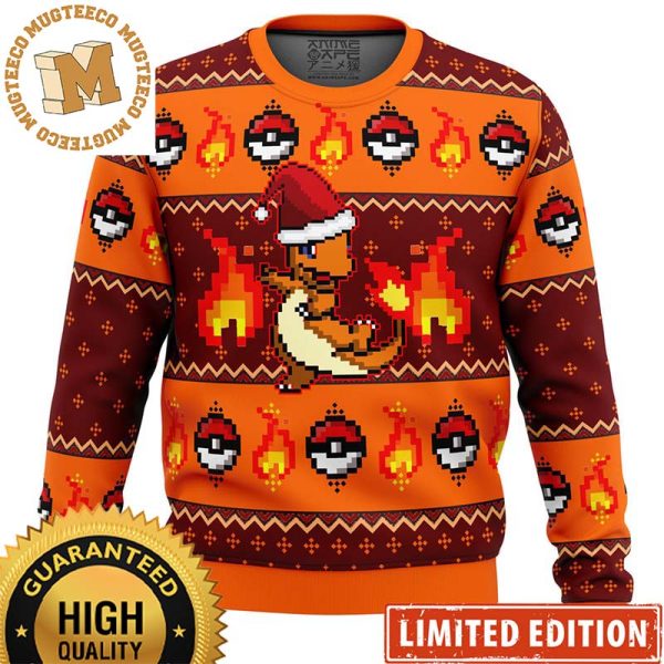 Pokemon Charmander Santa Hat Pixel Stylle Knitting Pokeball And Flame Ugly Christmas Sweater 2023