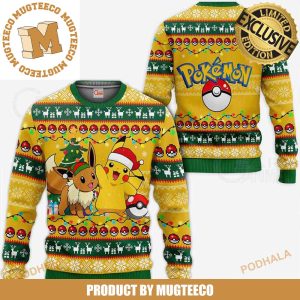Pokemon Cute Pikachu And Eevee Christmas Night Knitting Holiday Ugly Sweater