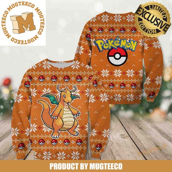 Pokemon Dragonite Pixel Video Game Style Cute Knitting Pokeball Pattern Orange Christmas Ugly Sweater