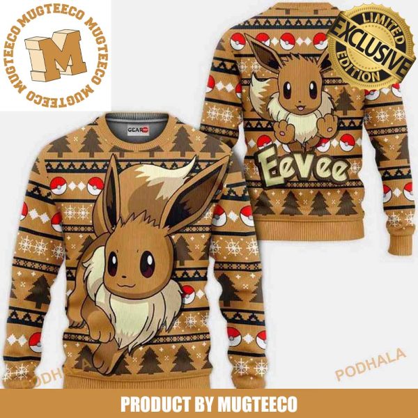 Pokemon Eevee Anime Cute Knitting Signature Brown Christmas Ugly Sweater 2023