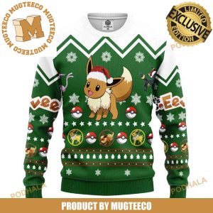 Pokemon Eevee In Santa Costume Merry Xmas Knitting Green And White Christmas Ugly Sweater