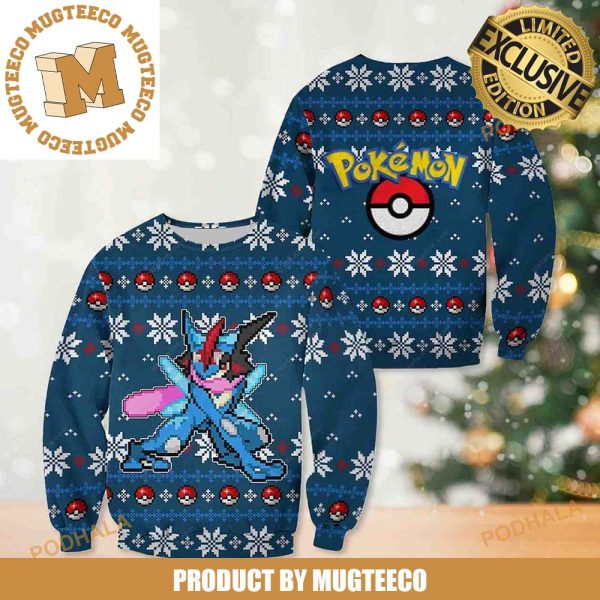 Pokemon Greninja Knitting Pokeball And Snowflakes Blue Christmas Ugly Sweater