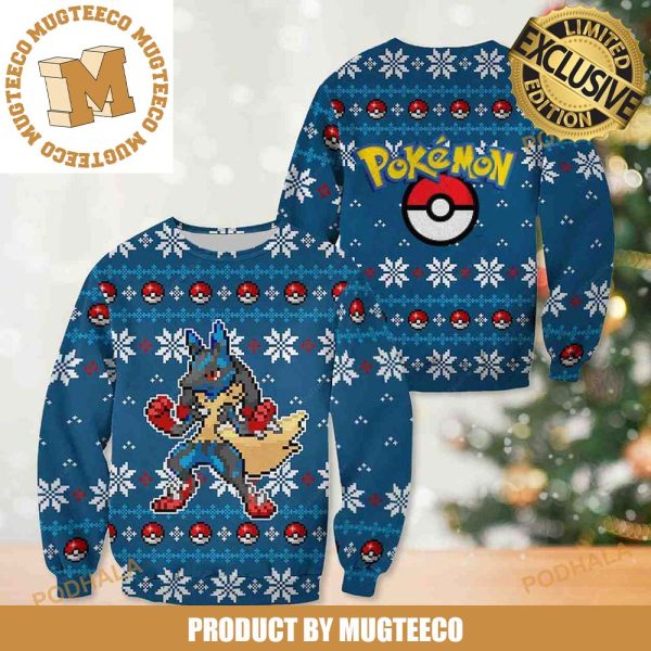 Pokemon Lucario Pixel Video Games Style Anime Manga Knitting Blue Christmas Ugly Sweater