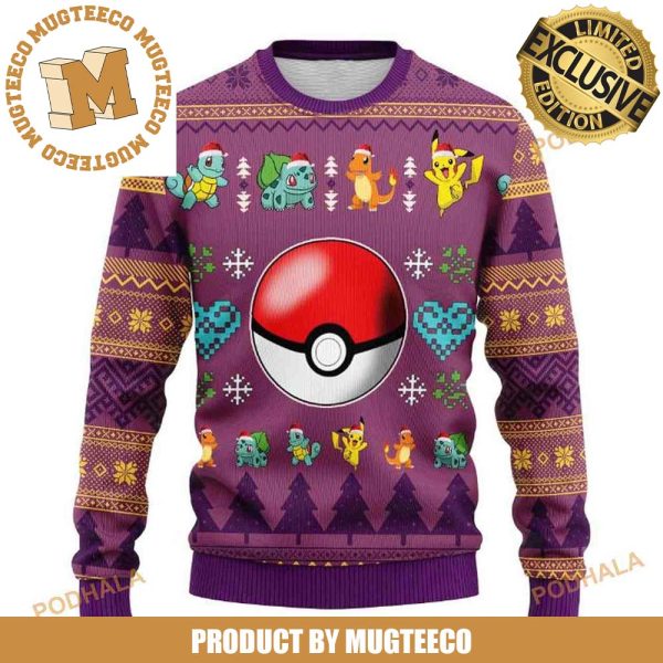 Pokemon Pokeball And Signature Pokemon With Santa Hat Merry Christmas Purple Knitting Holiday Ugly Sweater