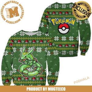 Pokemon Rayquaza Pixel Video Games Style Knitting Pokeball And Snowflakes Green Xmas Ugly Christmas Sweater