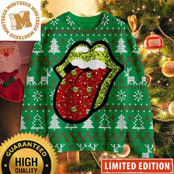 Rolling Stones Grinch Tongue Green Ugly Christmas Sweater