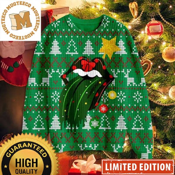 Rolling Stones Pine Tree Xmas Style Reindeer Green Ugly Christmas Sweater 2023