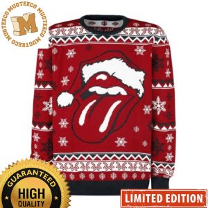 Rolling Stones Santa Tongue Snowy Red Ugly Christmas Sweater
