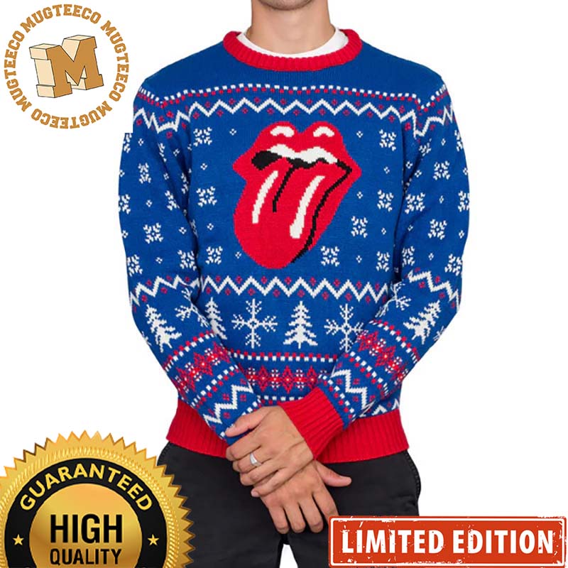 Rolling Stones Signature Tongue Holiday Blue And Red Ugly Christmas Sweater 2023