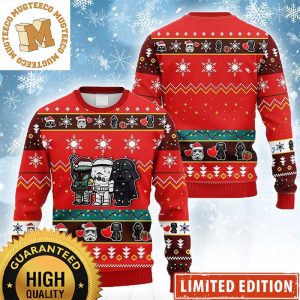 Star Wars Darth Vader Boba Fett And Stormtrooper Funny Posing Lined Up With Santa Hats Snowflakes Knitting Red Holiday Ugly Sweater